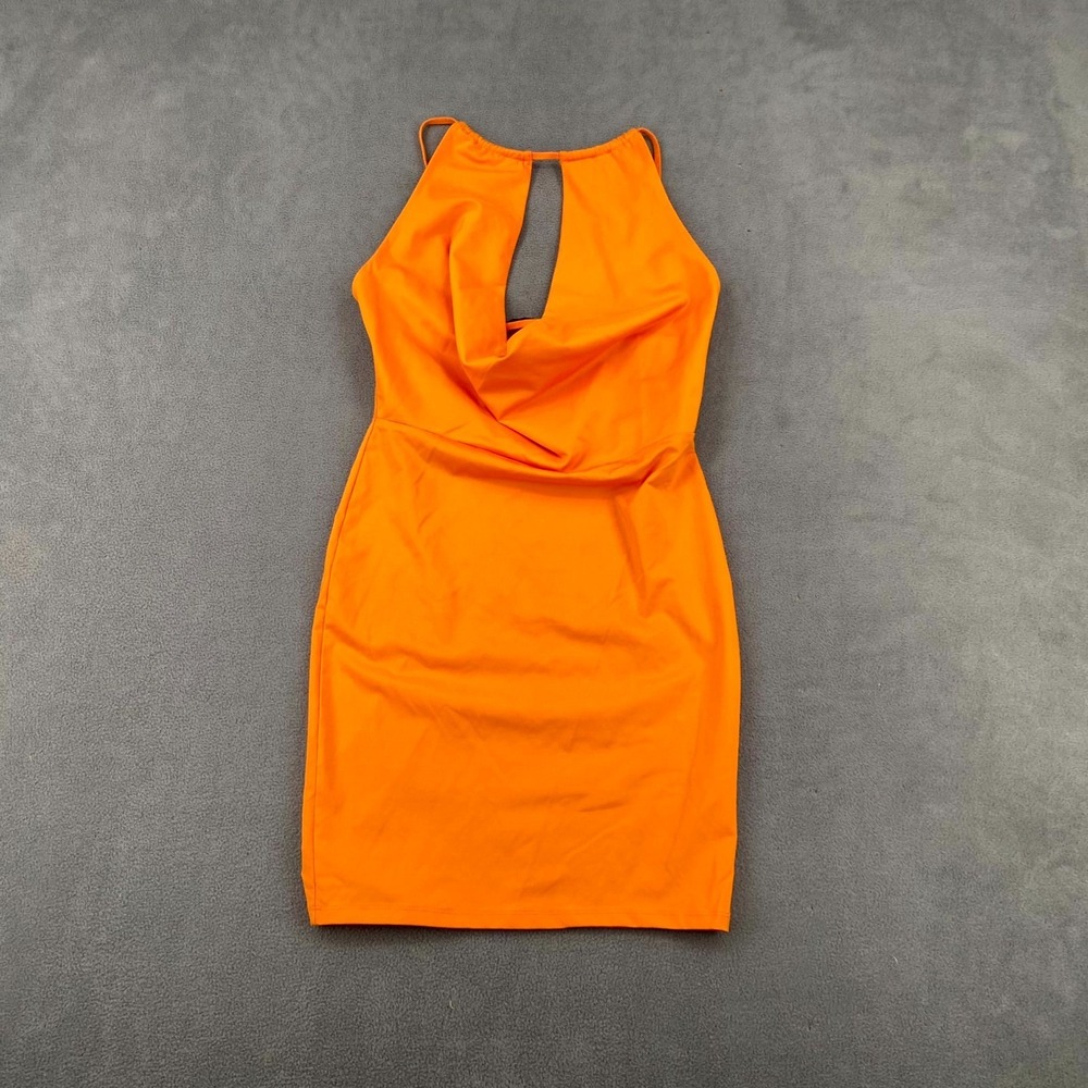 FOREVER 21 Cutout Halter Mini Dress Womens Small Neon Orange Self Tie Open Back‎